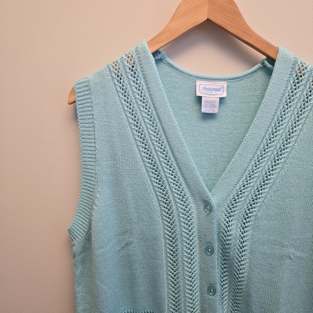 PXL Vintage Knit Blue Green Button Cardigan Sweater Vest Petite - Picture 2 of 5